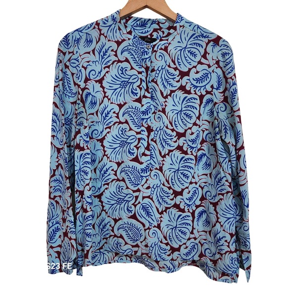 J. Crew Tops - J Crew Womens Med Silk Tunic Top  Aqua Paisley Print Band Collar Long Sleeves